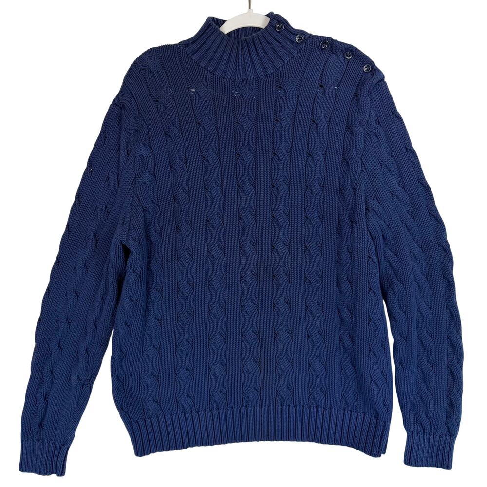 Vintage Polo Ralph Lauren Cable Knit Sweater XL Blue Cotton Italian Yarn Mock